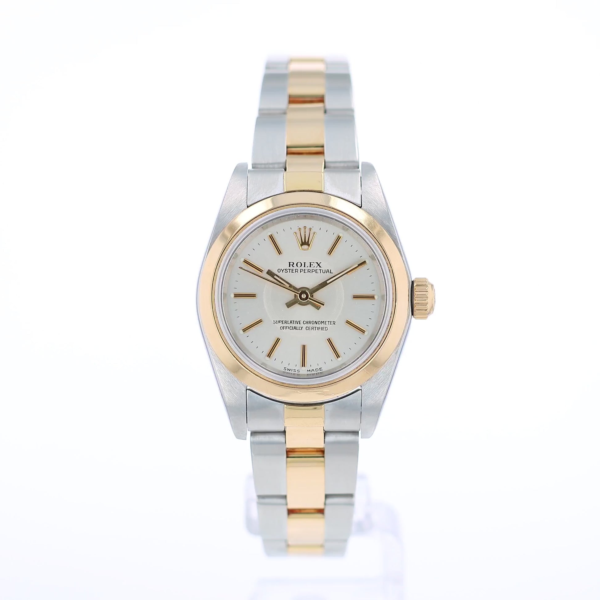 360 degree video of a Two-tone Rolex watch with a silver dial on a white background