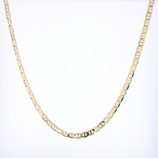 Yellow gold anchor link chain necklace on a white background