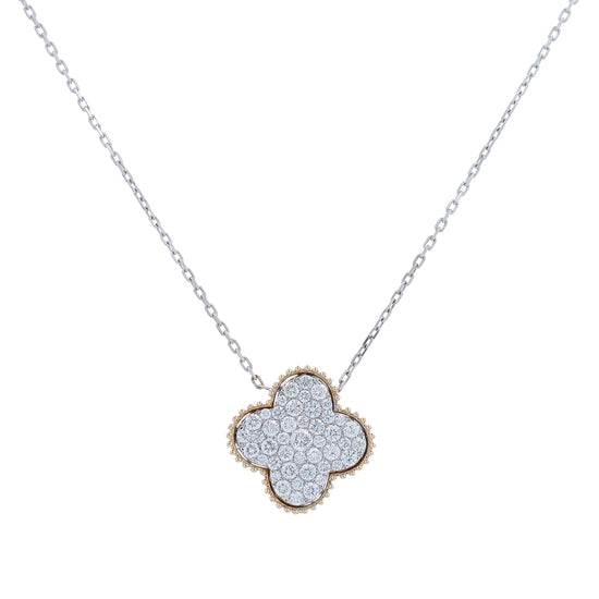 14k two-tone beaded edge quatrefoil pave diamond pendant necklace on a white background