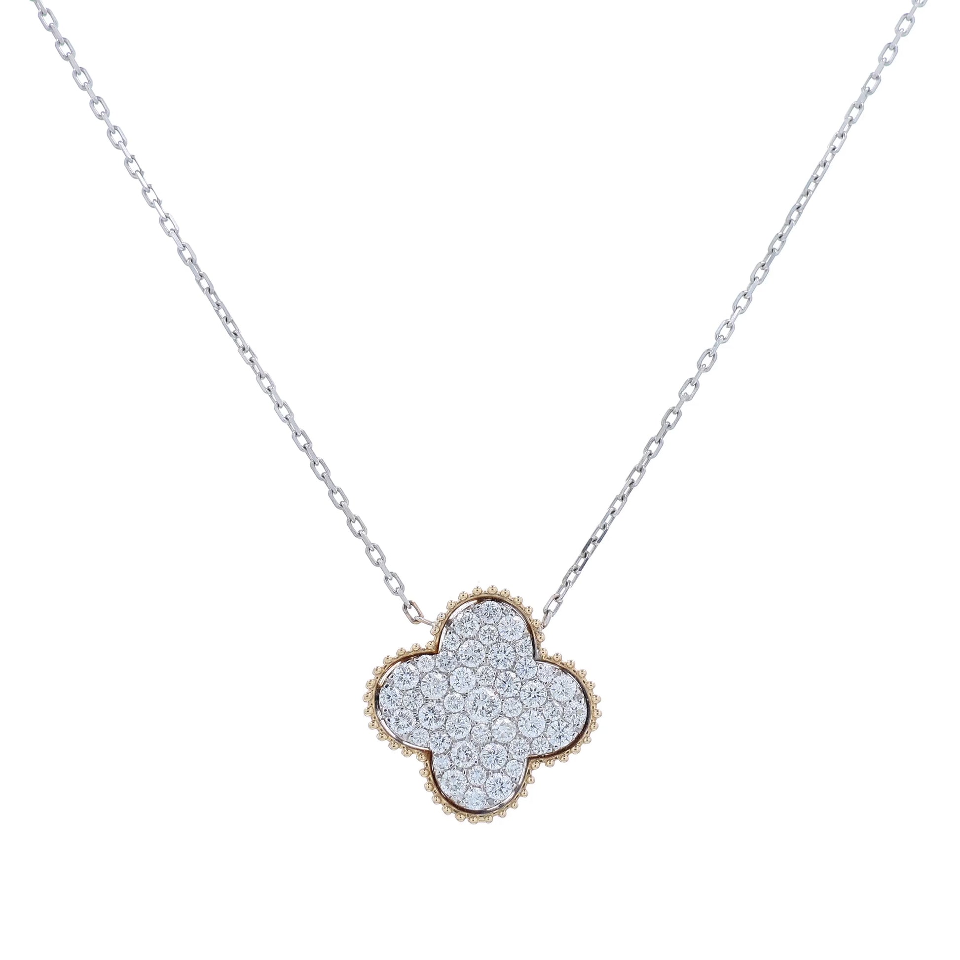 14k two-tone beaded edge quatrefoil pave diamond pendant necklace on a white background