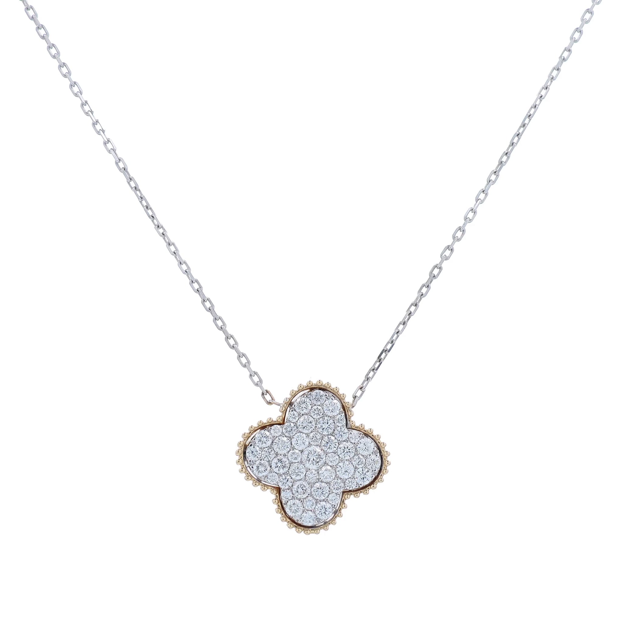 14k two-tone beaded edge quatrefoil pave diamond pendant necklace on a white background