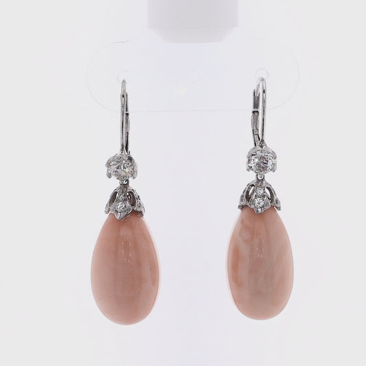 Estate 18 Karat White Gold Coral and Diamond Drop Earrings