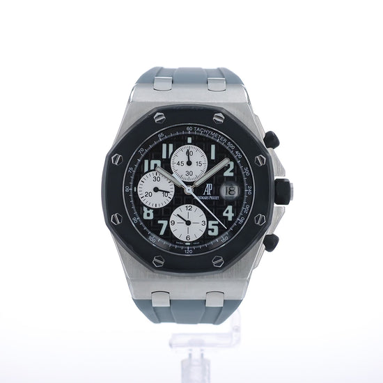 Audemars Piguet watch with a textured black dial and silver case on a white background