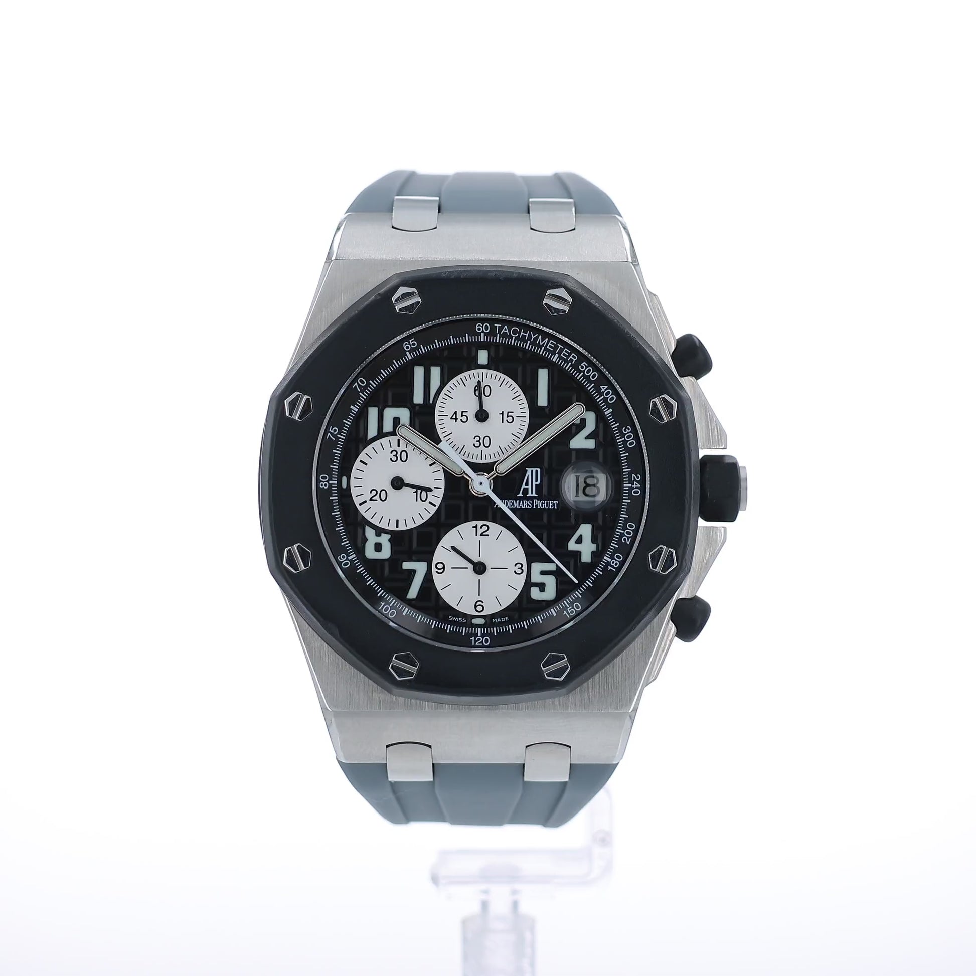 Audemars Piguet watch with a textured black dial and silver case on a white background