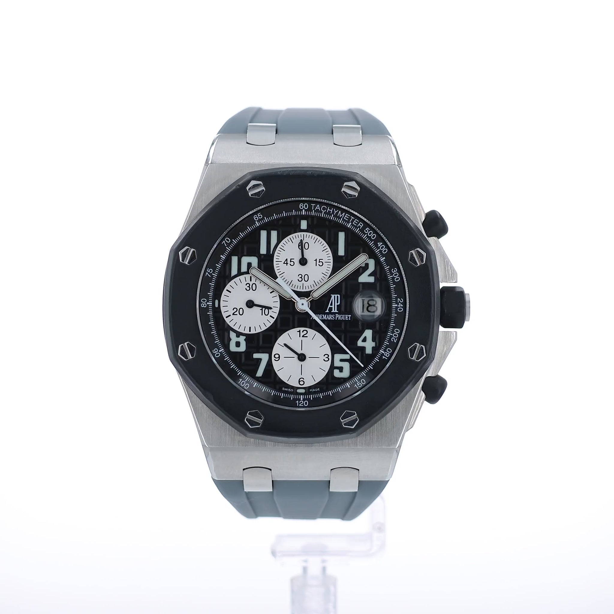 Audemars Piguet watch with a textured black dial and silver case on a white background
