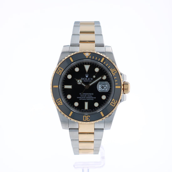360 degree video of a two-tone Steel and gold Rolex Submariner watch with a black dial and bezel on a white background