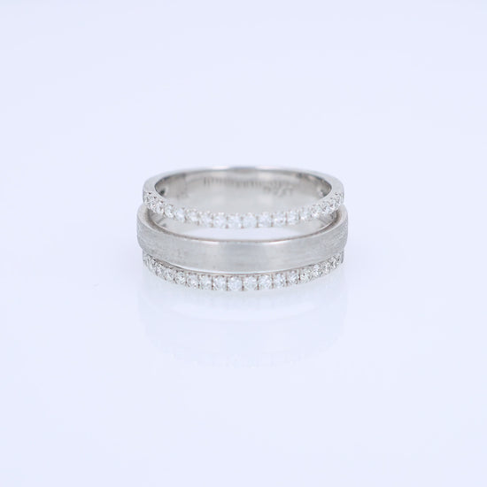 3 row brushed white gold diamond ring on a white background