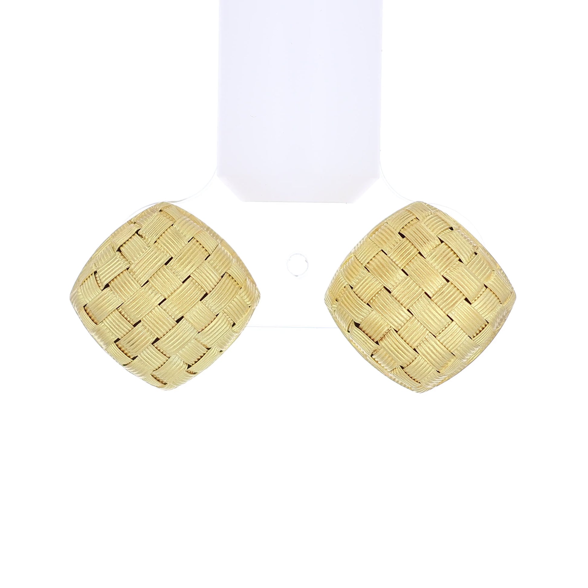 Gold basket woven earrings on a white background