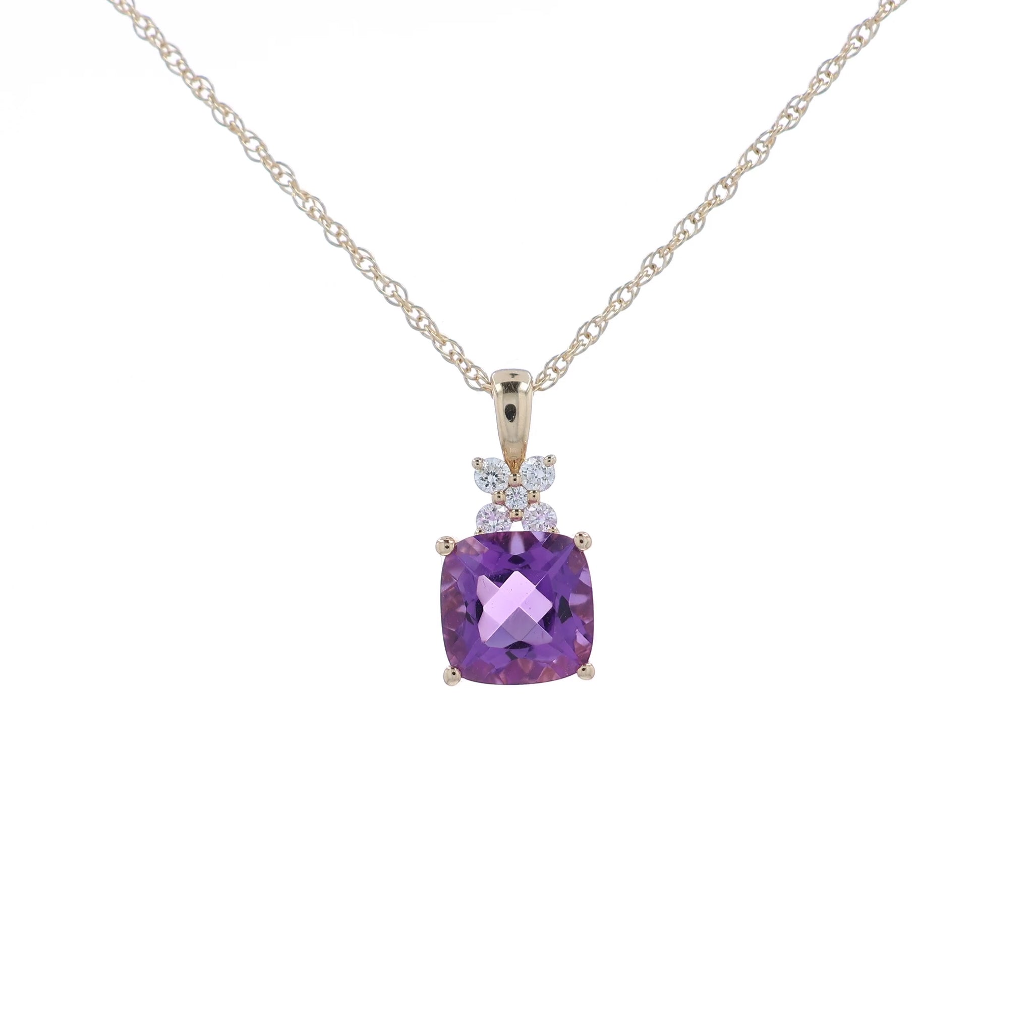 A video of a gold necklace with a cushion-cut purple amethyst pendant and small clear accent stones, shown at various angles on a clean white background.