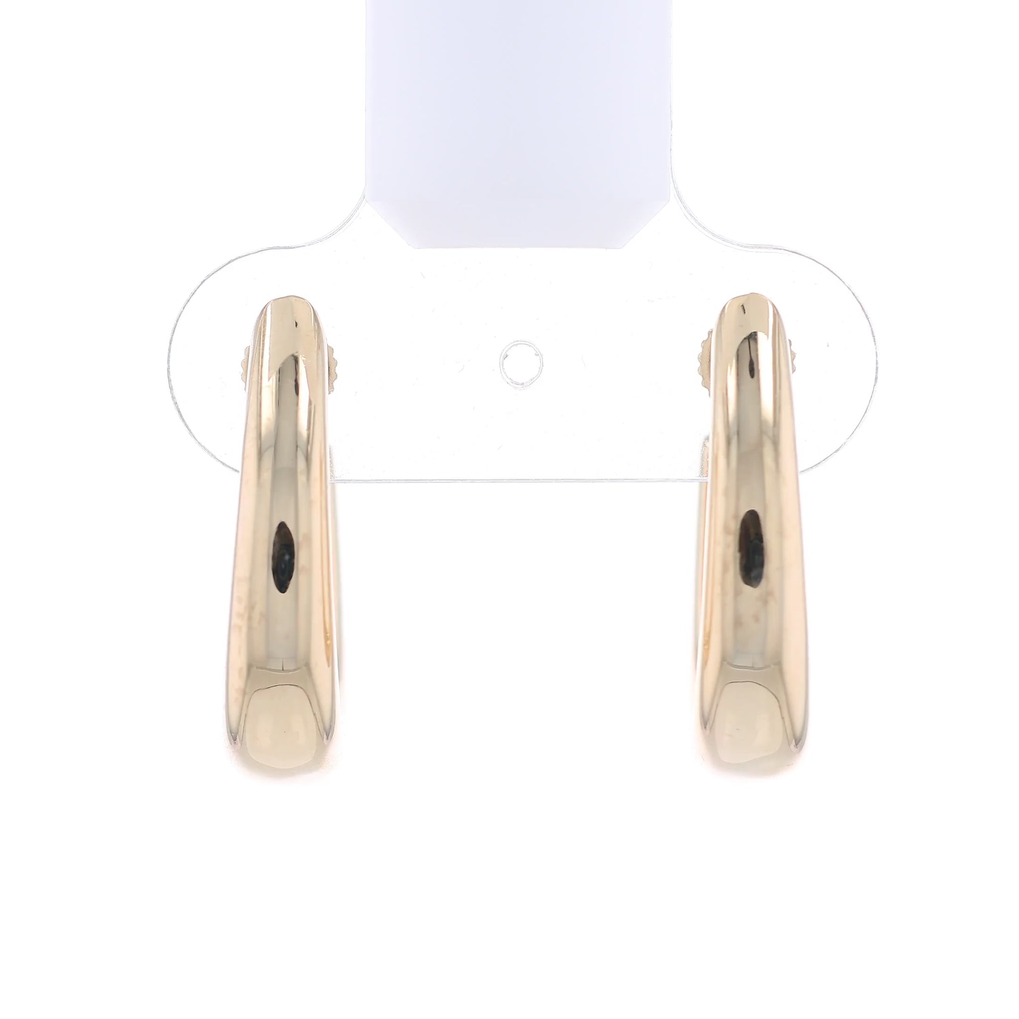 Gold "J" hoop earrings on a white background