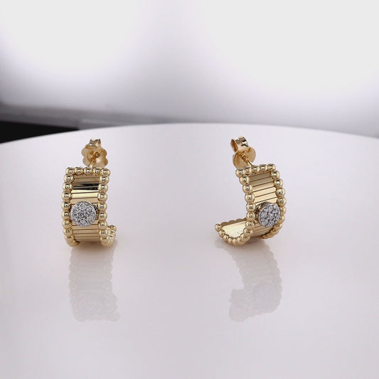 14k Yellow Gold Half Moon Diamond Hoop Earrings