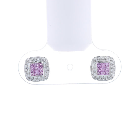 White gold cushion diamond and pink sapphire stud earrings on a white background