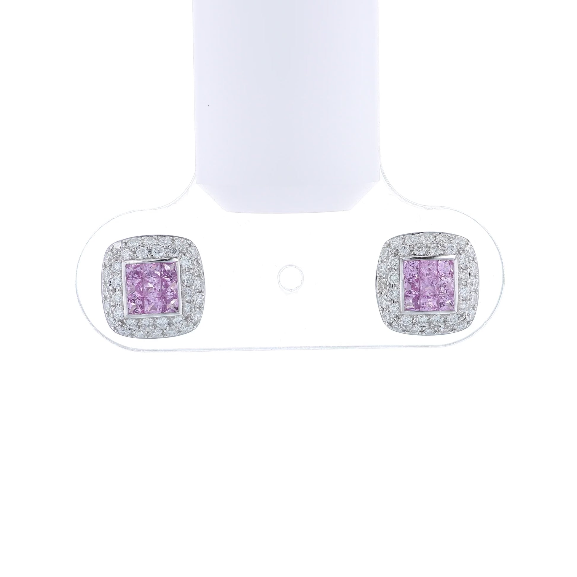 White gold cushion diamond and pink sapphire stud earrings on a white background