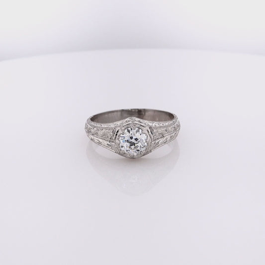 Estate Platinum Old European Cut Diamonds 8 Prong Belcher Style Hand Engraved Ring
