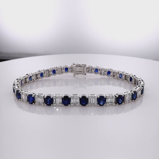 14k White Gold 7" Alternating Oval Sapphire and Diamond Bracelet