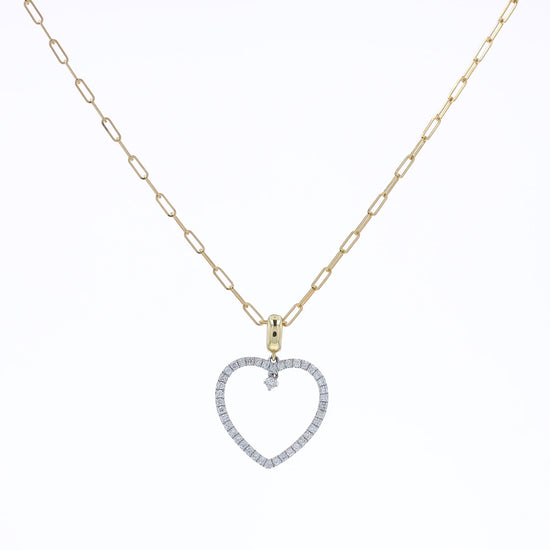 Two-tone gold open heart design diamond pendant necklace on a white background
