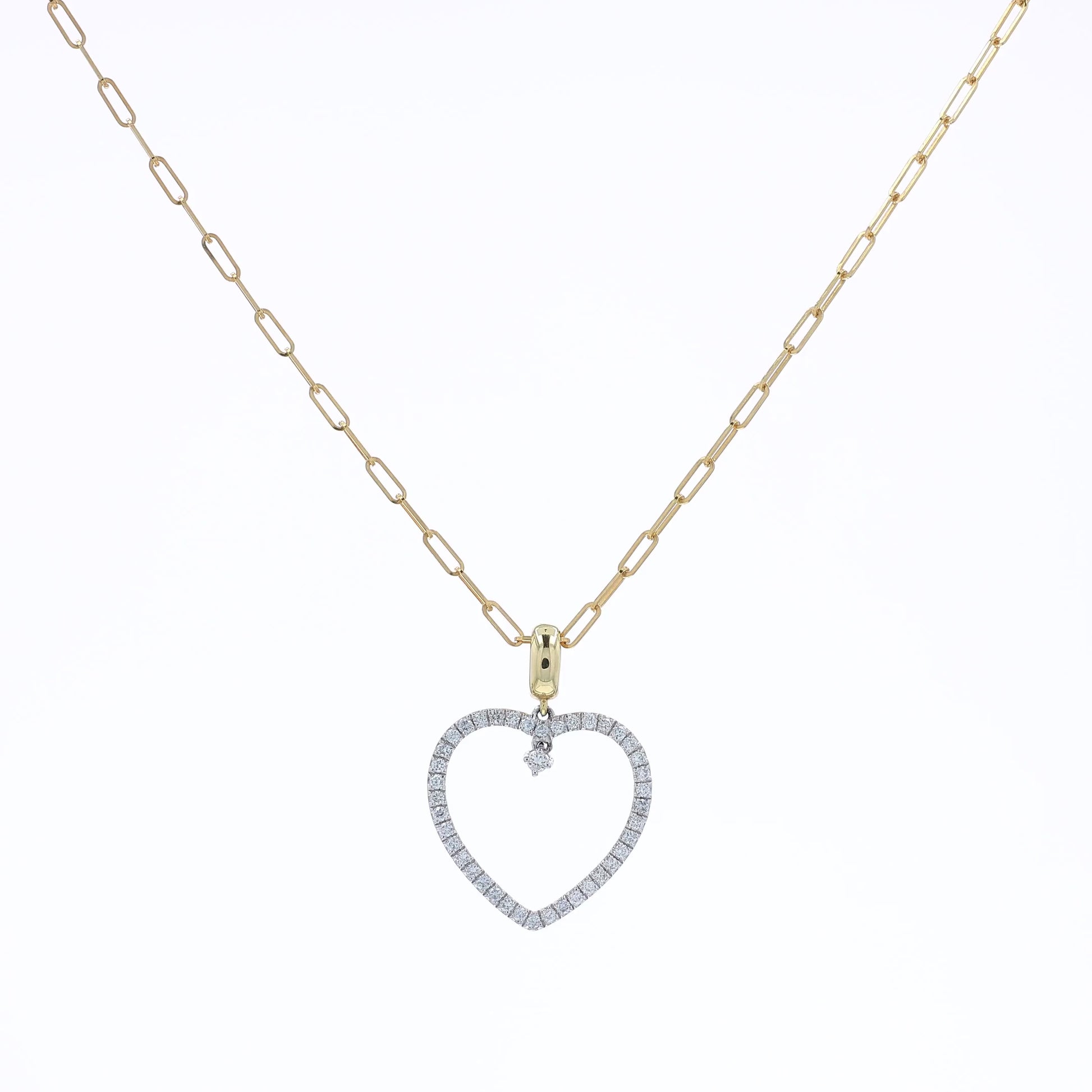 Two-tone gold open heart design diamond pendant necklace on a white background