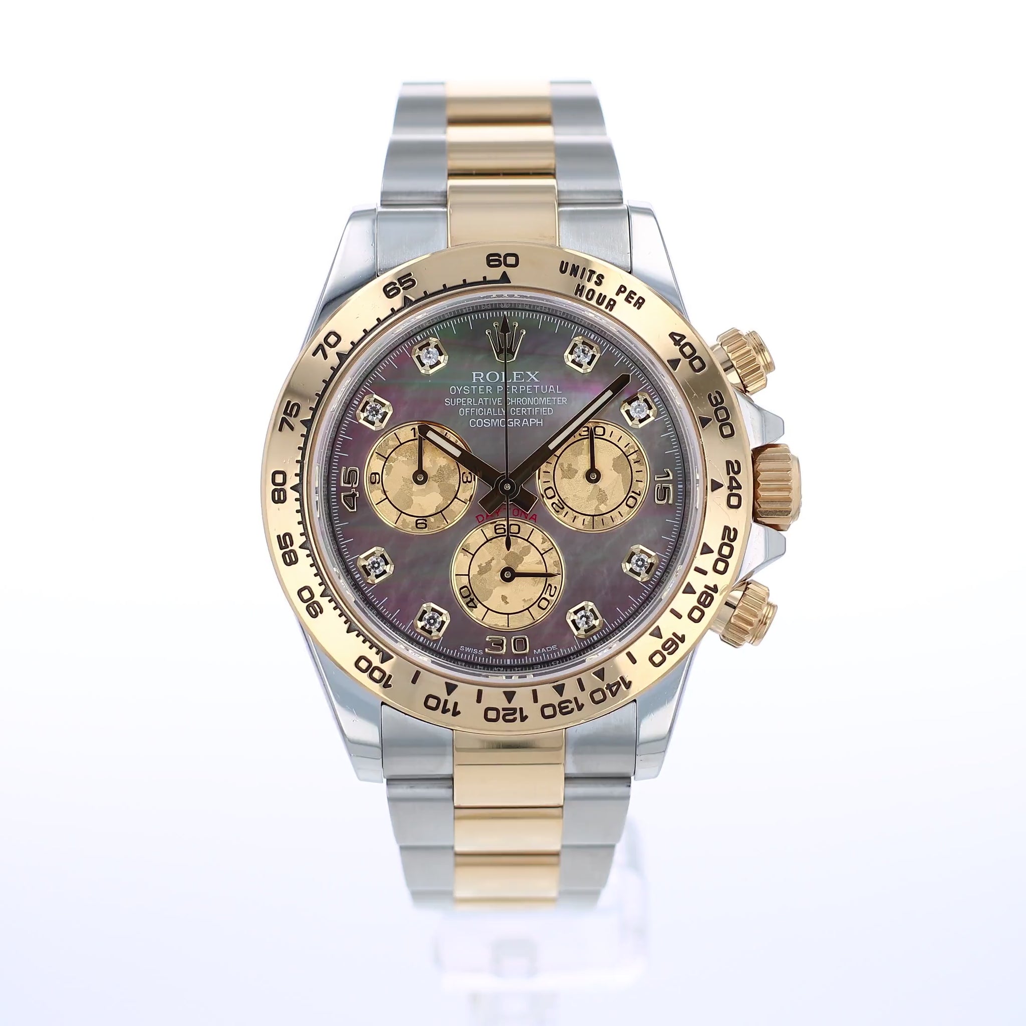 360 degree video of a two-tone Rolex watch with a grey mother of pearl dial and gold sub dials on a white background