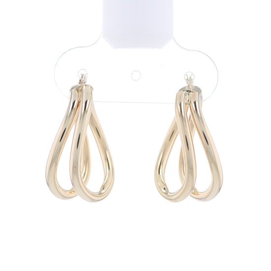 Gold double tube hoop earrings on a white background
