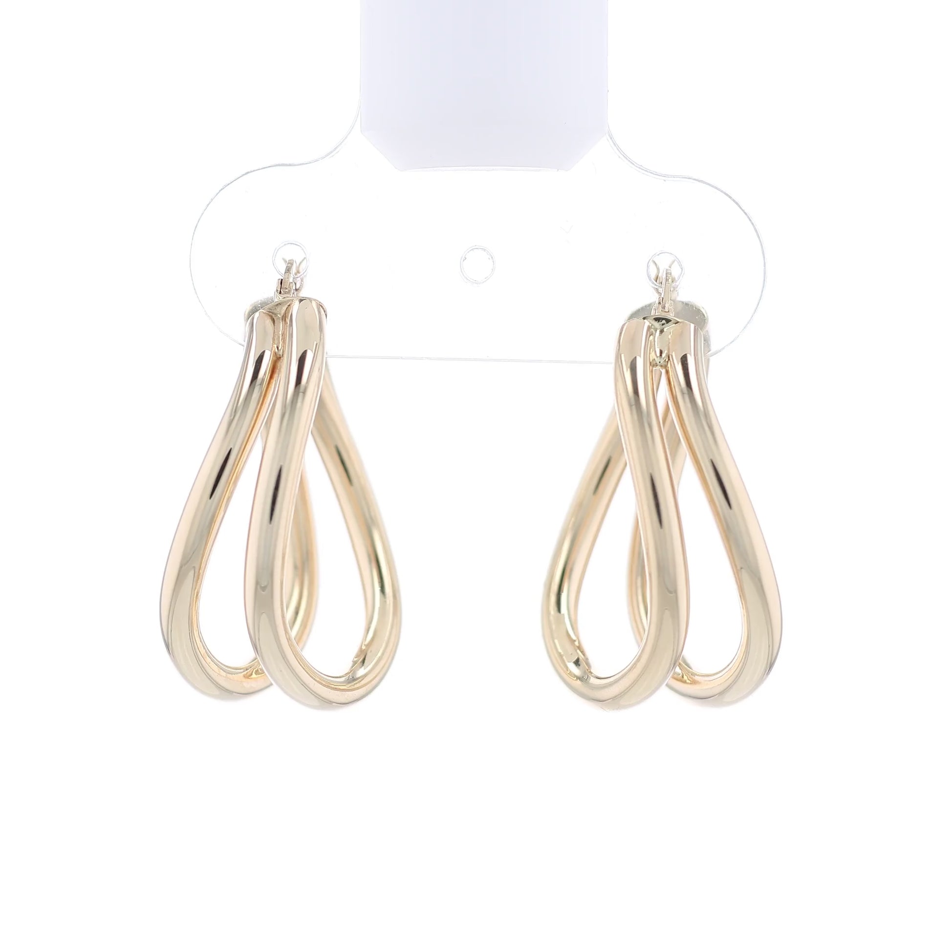 Gold double tube hoop earrings on a white background