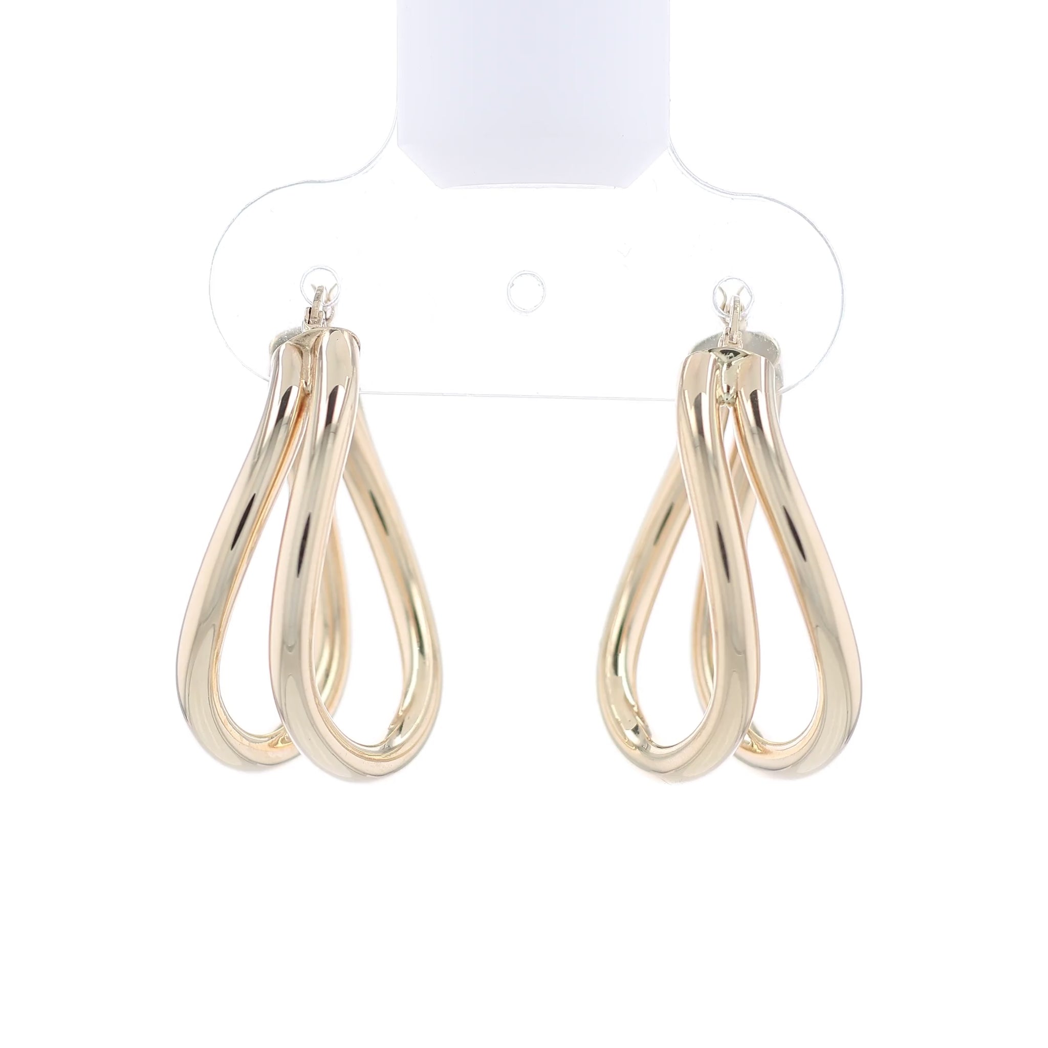 Gold double tube hoop earrings on a white background