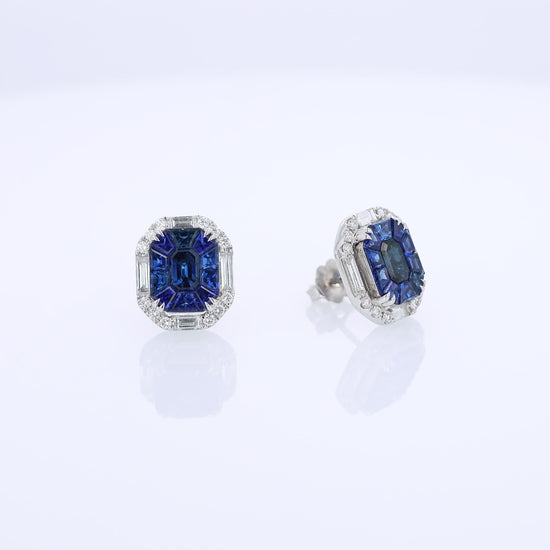 Sophia D. white gold stud earrings with sapphire center stones and diamond halos on a white background