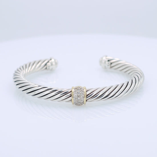 David Yurman silver and gold diamond station cuff bracelet on a white background