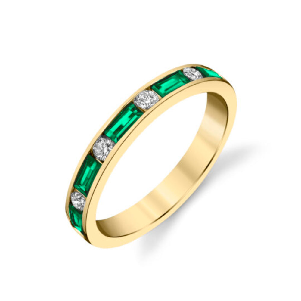 Yellow Gold Channel Set Ring with alternating  5 Emerald baguettes and 4 round diamonds 