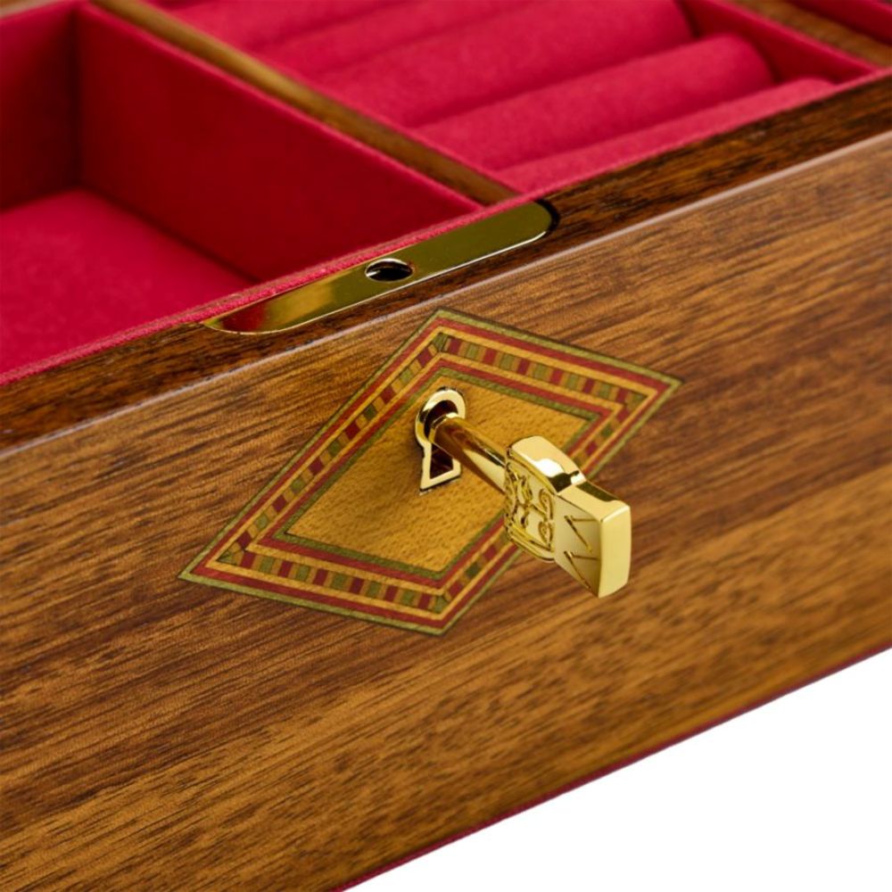 Wooden jewelry box with red interior and gold lock 