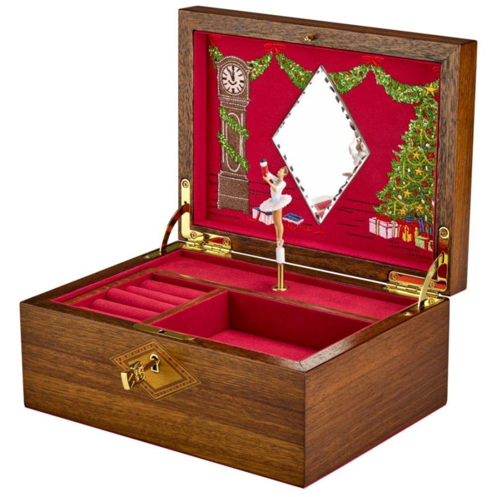Wooden jewelry box with a ballerina and Christmas-themed interior