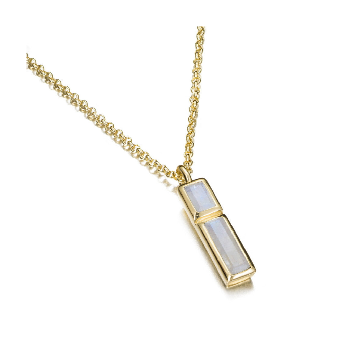 A gold chain necklace with a vertical rectangular pendant featuring two stacked, bezel-set milky white stones, shown on a clean white background.