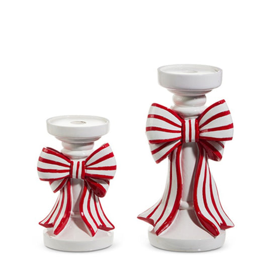 Raz Imports Red and White Stripe Bow Candle Holders