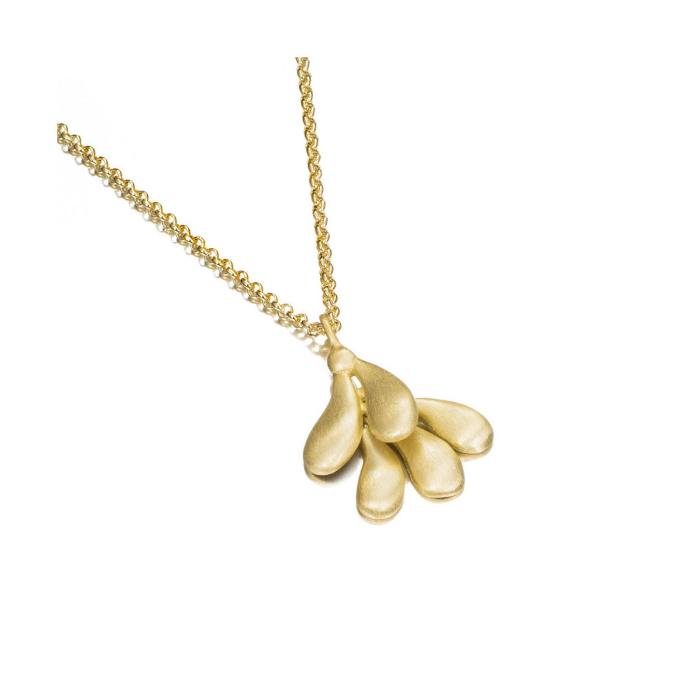 A gold necklace featuring a textured, organic-shaped pendant made of five overlapping teardrop-like forms, suspended from a delicate gold chain against a plain white background.