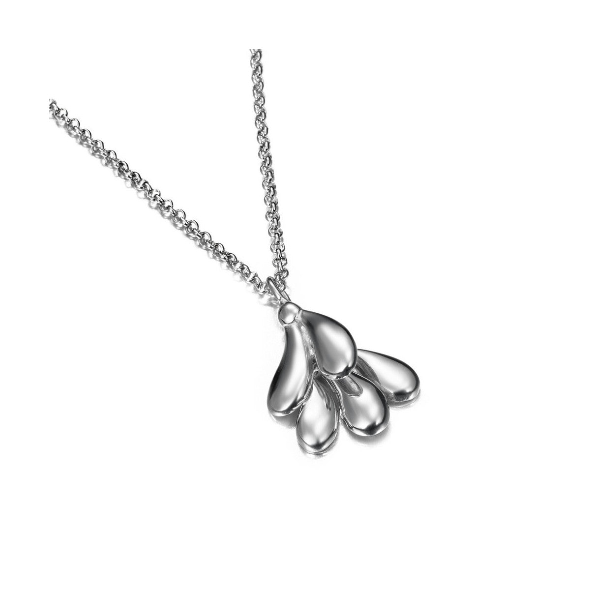 A silver necklace featuring a polished pendant with four teardrop-shaped elements, suspended from a delicate link chain against a plain white background.