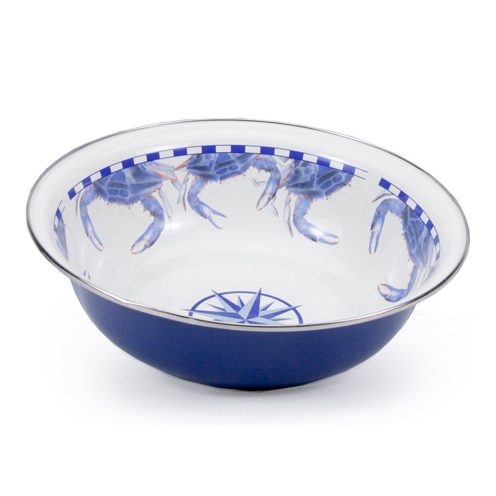 Blue & white enameled 4qt bowl and  with a crab & compass design on a white background.