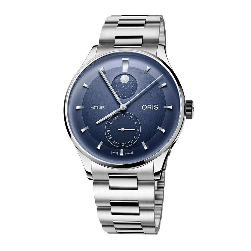 Oris Artelier wristwatch with a silver stainless steel case and link bracelet, featuring a blue dial with a moonphase indicator and silver-tone hands and indices.