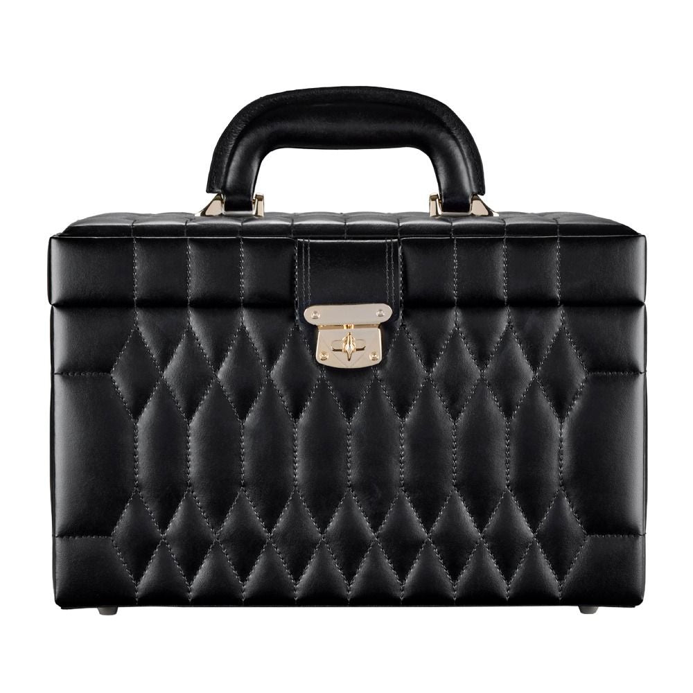 Black quilted makeup case with gold clasp on a white background