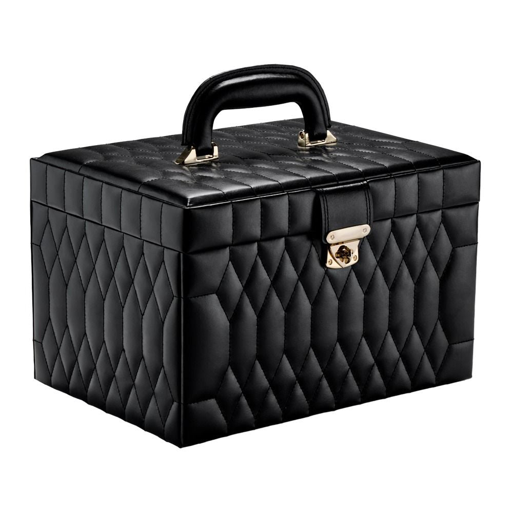 Black quilted makeup case with gold accents on a white background