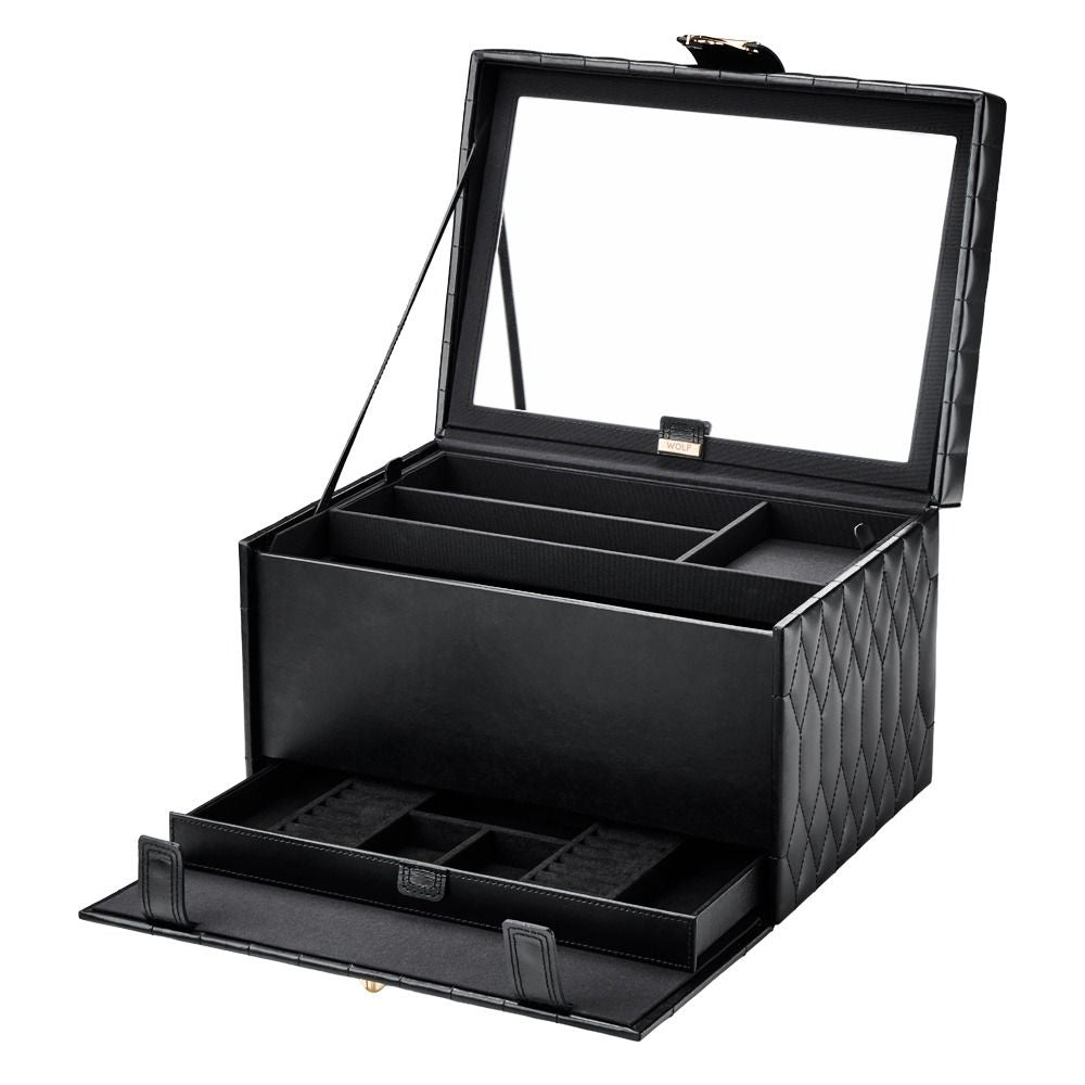 Black jewelry box with glass lid on a white background