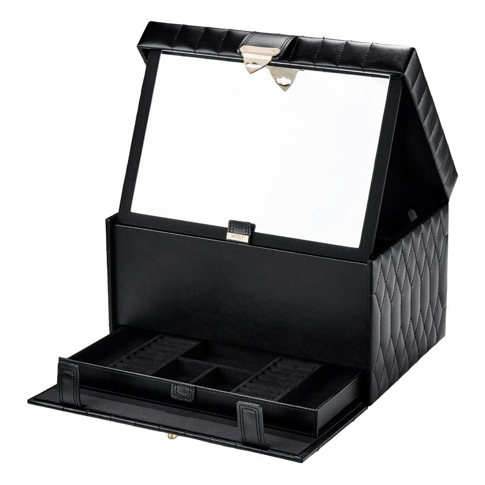 Black jewelry box with a mirror lid on a white background