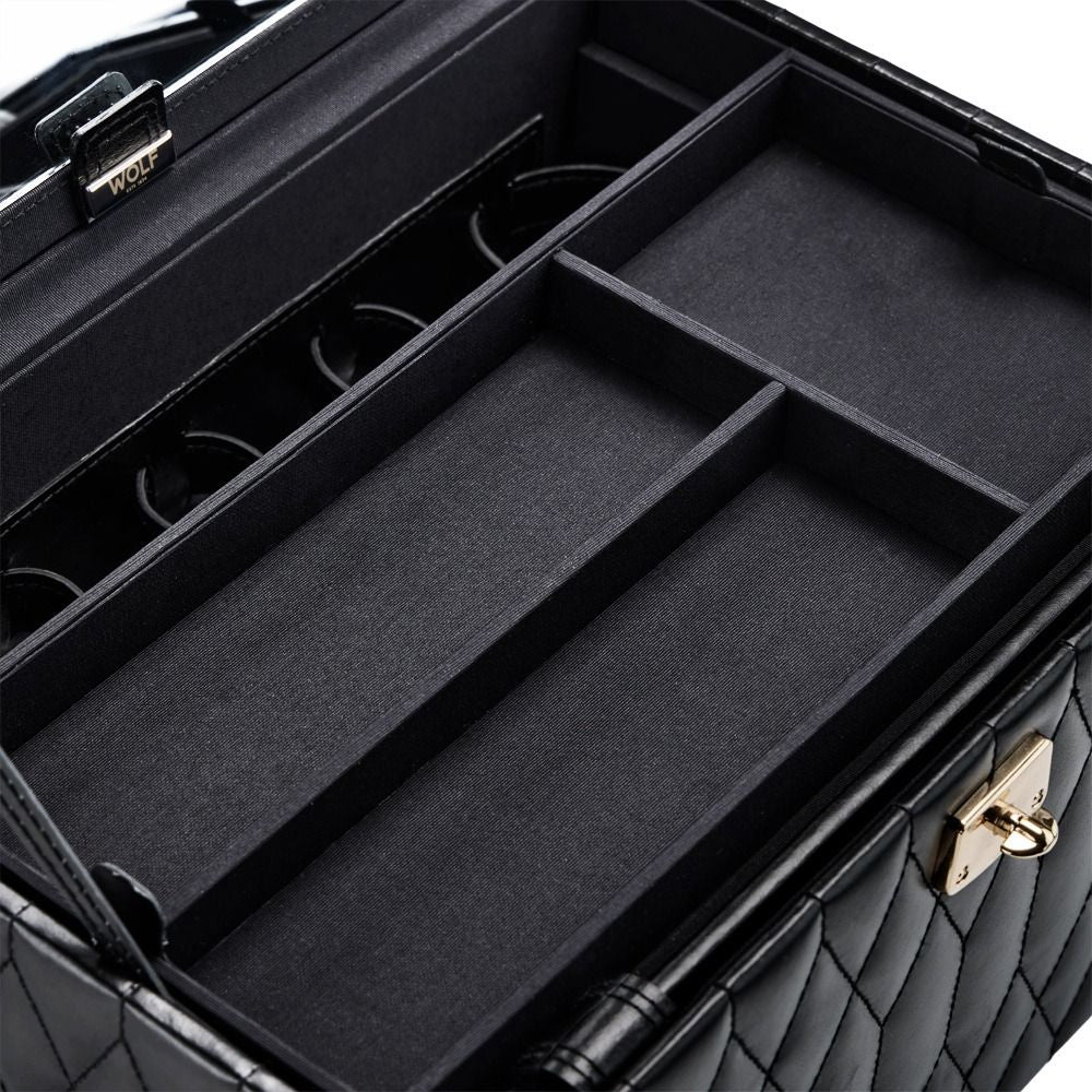 Black jewelry case with compartments and gold lock on a white background