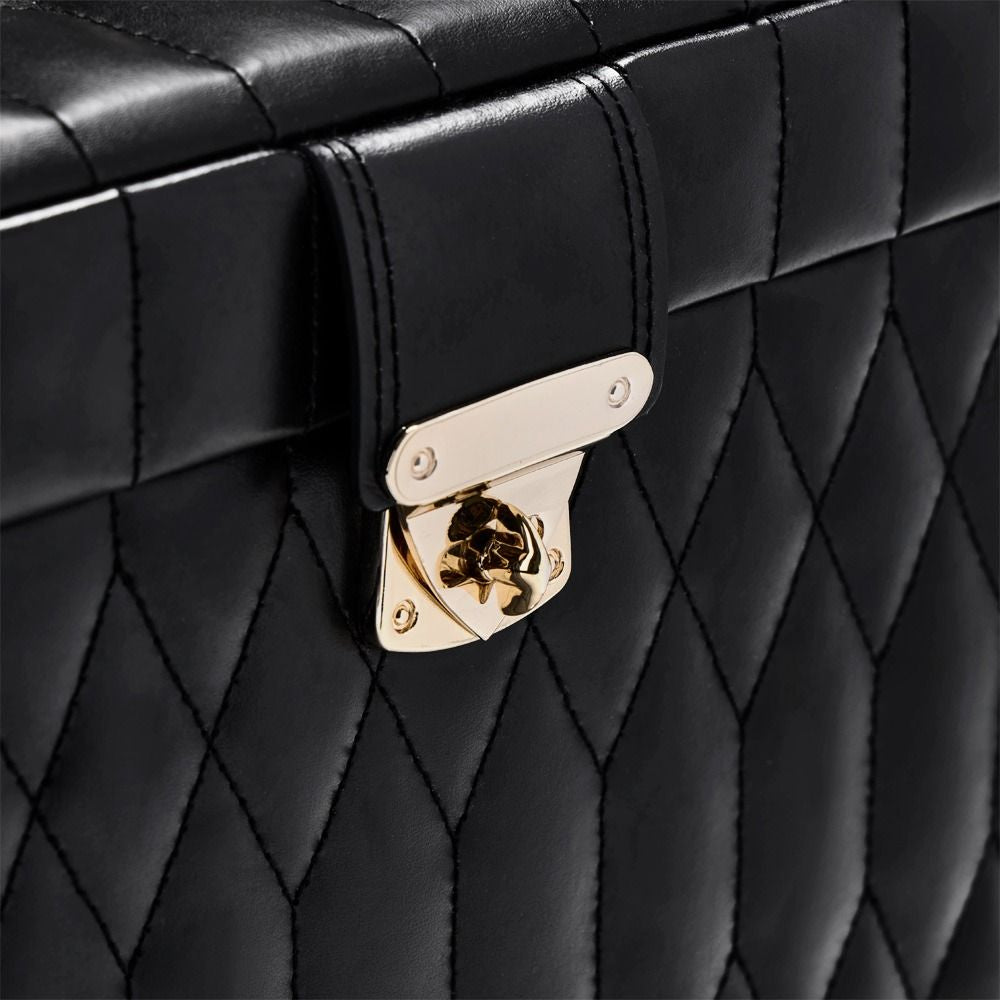 Close-up of a black quilted handbag with a gold clasp.