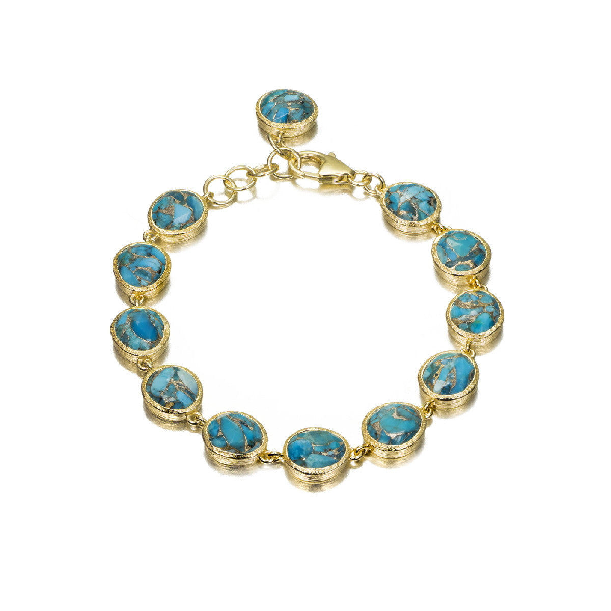A gold-tone bracelet featuring round turquoise-blue stones with white matrix, set in bezel settings and connected by gold-tone links with a lobster clasp.