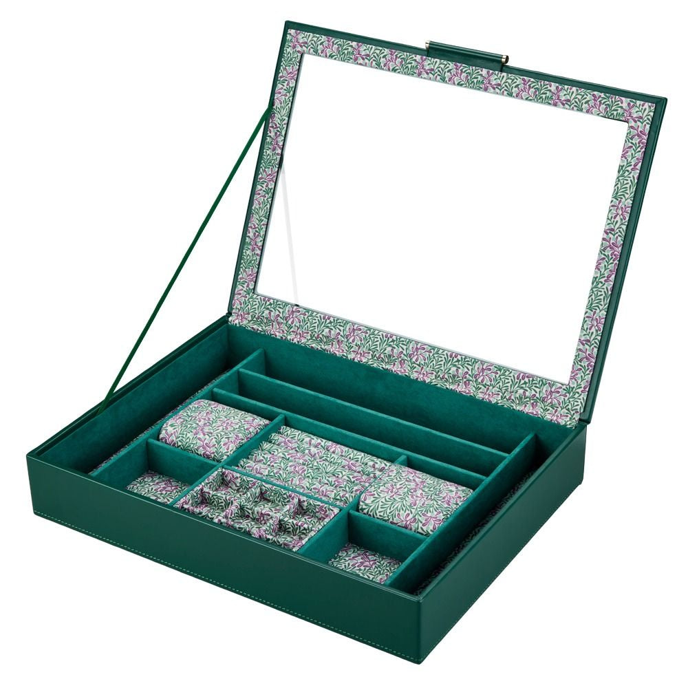 Green jewelry box with floral interior on a white background