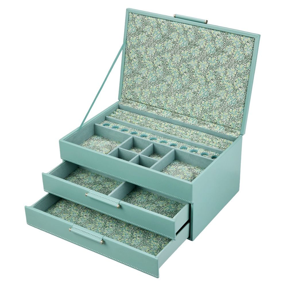 Teal jewelry box with floral interior on a white background