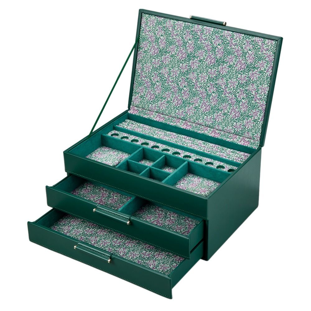 Green jewelry box with floral interior and open lid on a white background