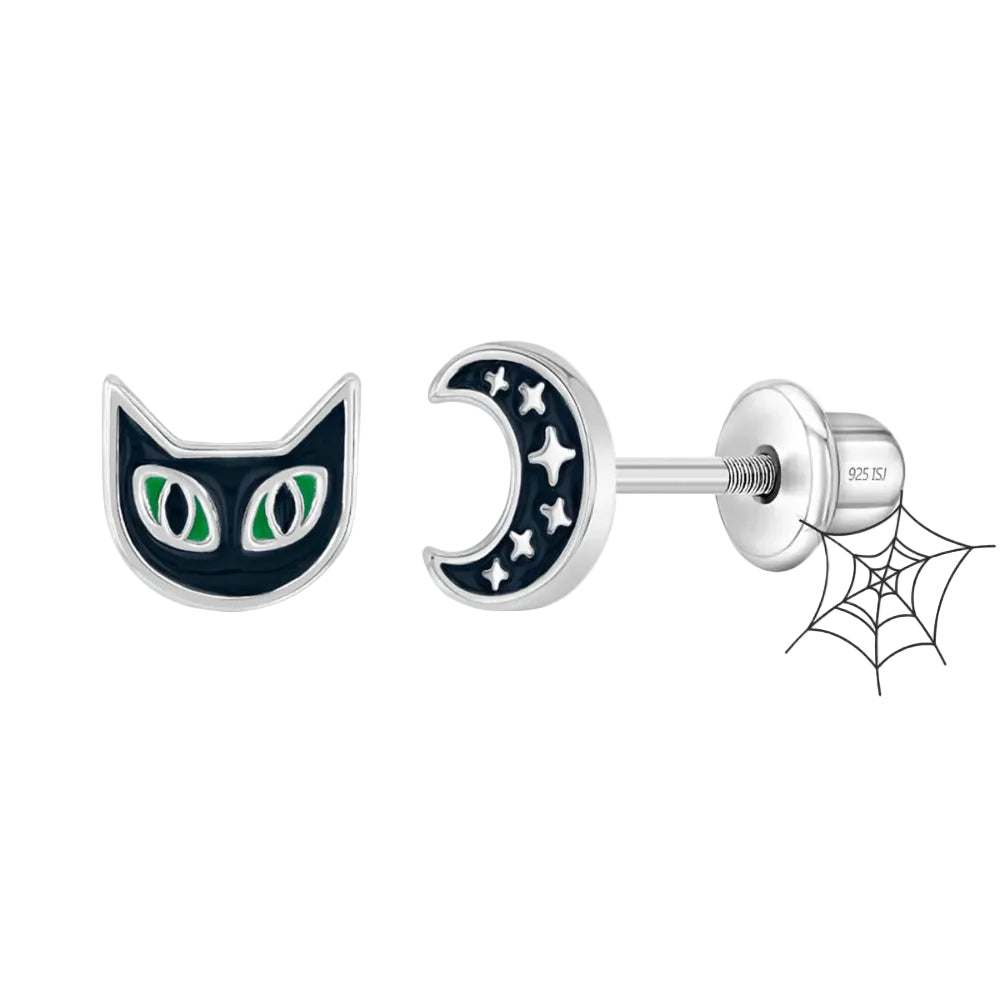 Three views of a pair of silver-toned Halloween stud earrings: one cat face with green eyes, one crescent moon with stars, and the back of the moon earring. 