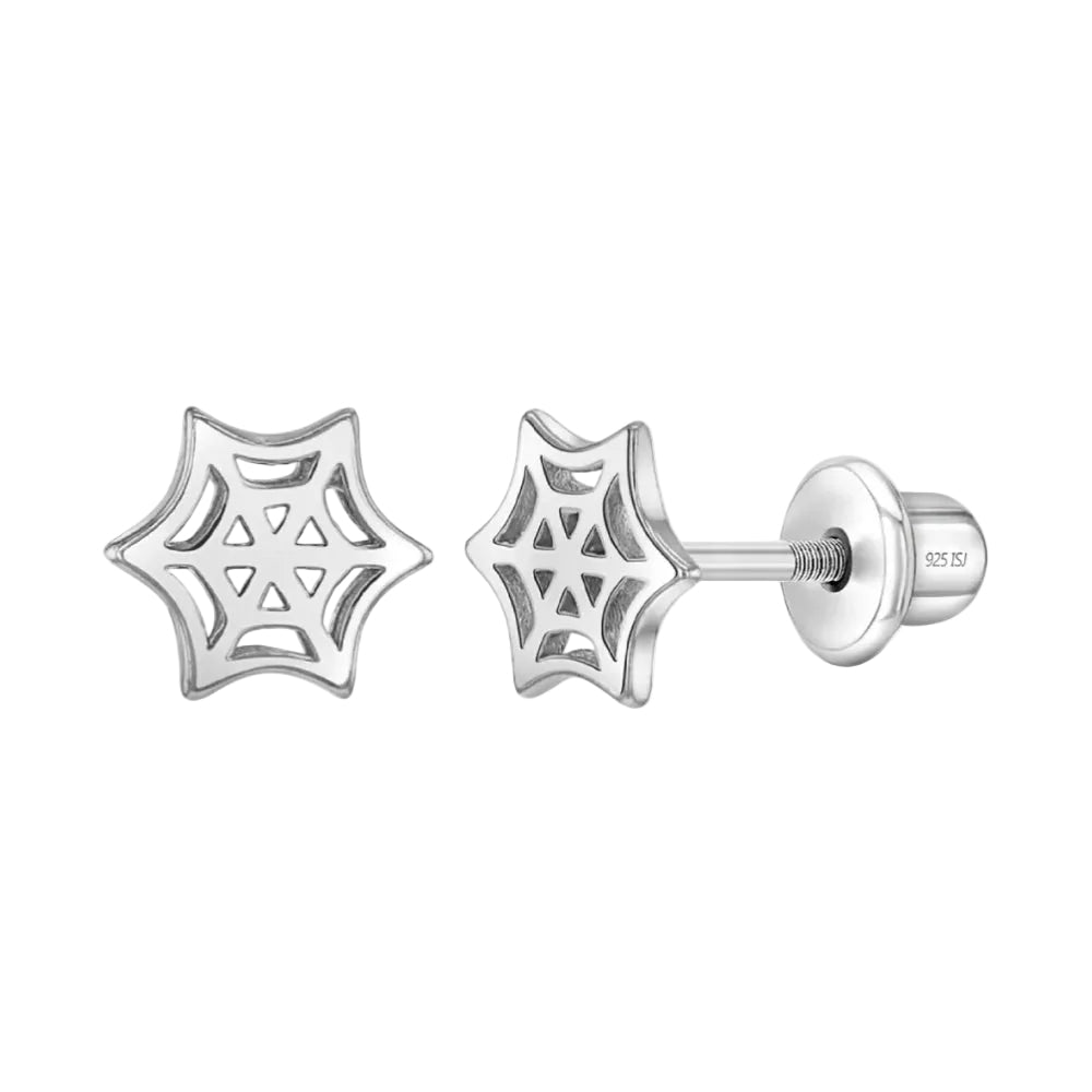 A pair of silver spiderweb stud earrings shown on a white background. One earring is shown from the front, displaying the intricate spiderweb cutout design, and the other is shown from the side/back, displaying the screw-back post and flat back with 'S925' sterling silver engraving.