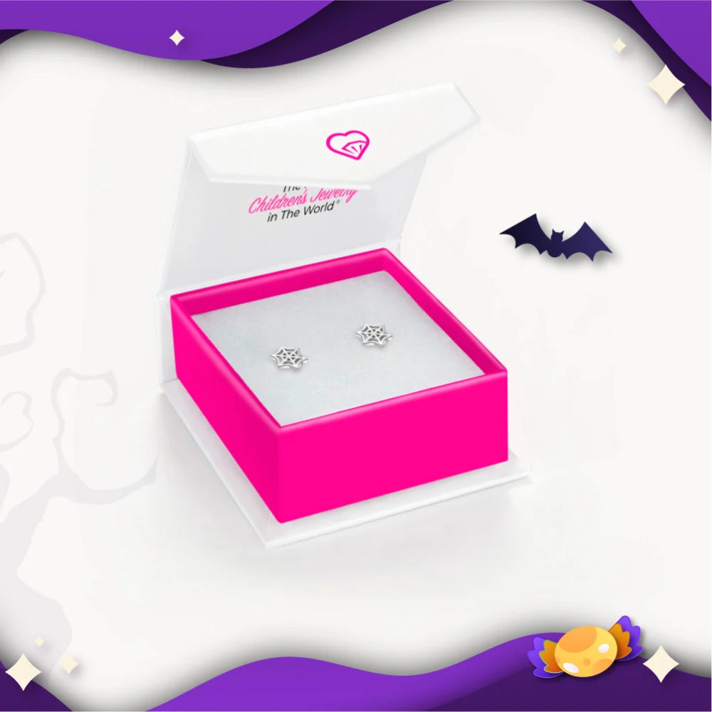 A pair of silver stud earrings displayed inside an open bright pink jewelry gift box with a white insert. The box lid is open and shows the text 'The Children's Journey In The World' with a pink heart logo.