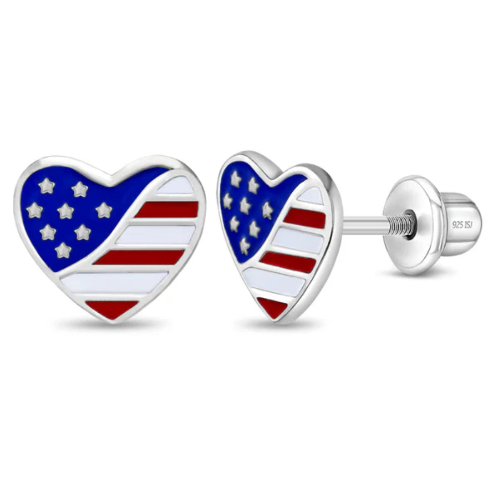 Children's Sterling Silver & Enamel Patriotic Heart Earrings